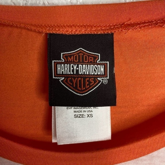 Harley Davidson Women Top Raglan Striped 3/4 Sleeves Orange White Size XSmall - Picture 3 of 6